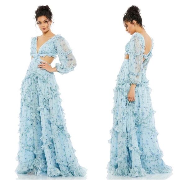 Mac Duggal 67949 A-Line Chiffon Floral Ruffle Dress Size 6 NWT Powder Blue - Picture 1 of 10
